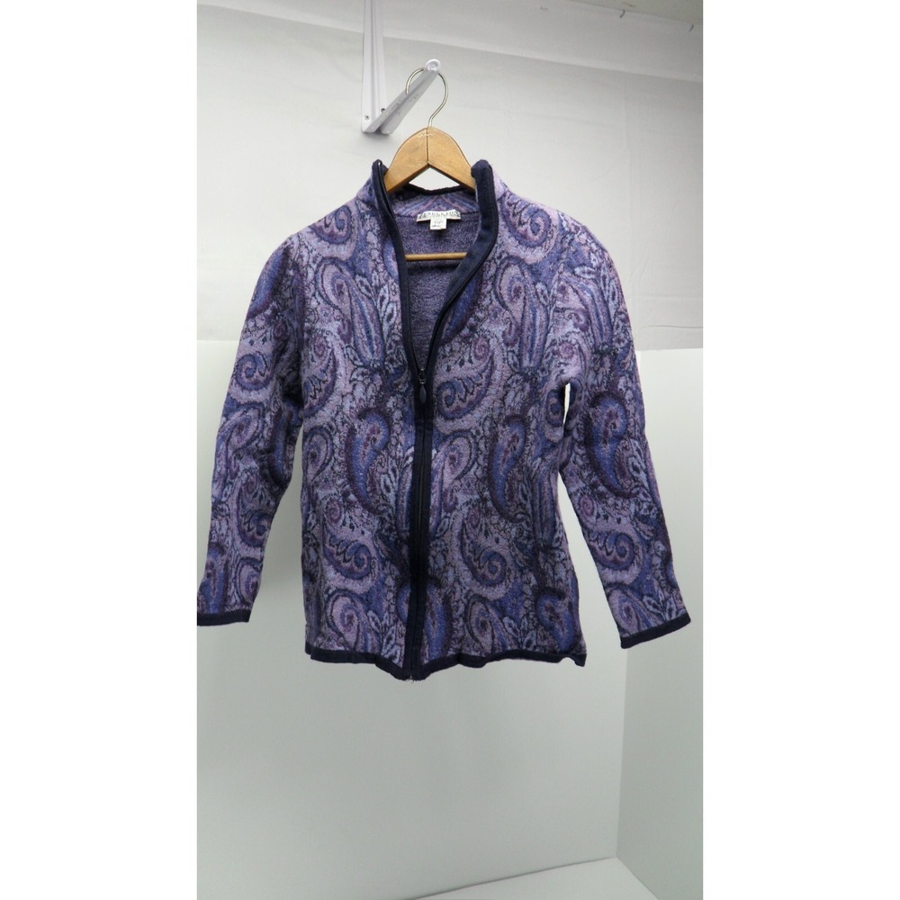 Pendleton  Sweater Jacket  Petite Small 100% Merino Wool Purple‎ Blue Paisley